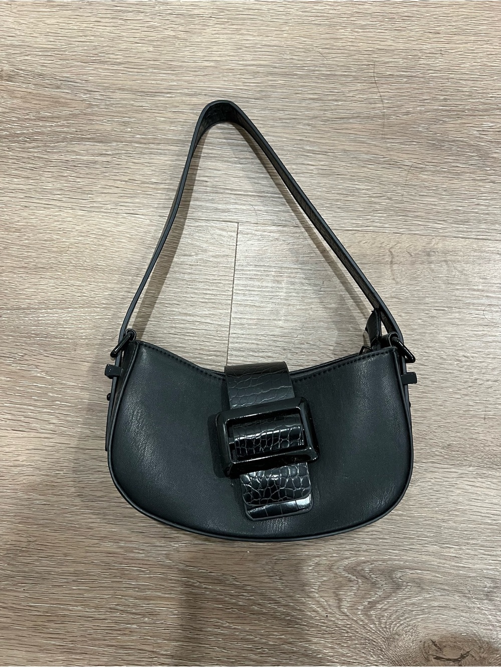 Classic Black Shoulder Bag with Buckle Detail